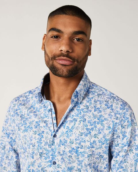 Mens White/Blue Long Sleeve Floral Dress Shirt